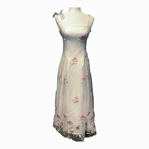 Roberta 90s gown white with pink embroidered flowers. Rare dress